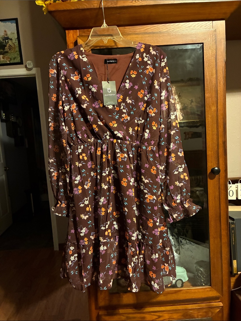 Women's Brown Floral Midi Dress with V-Neck